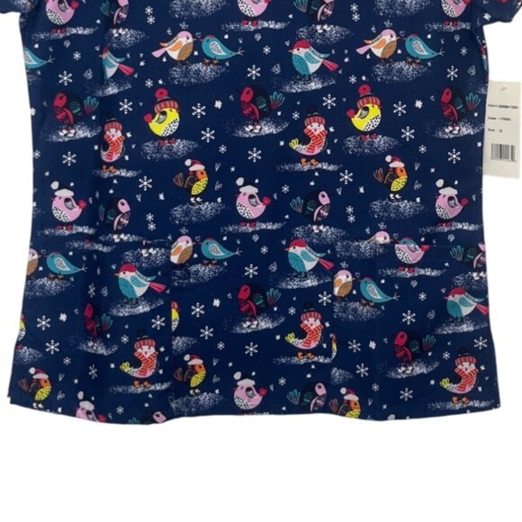 Gabby Brooke Christmas Scrub Top Womens Small Blue New Bird Print - Picture 4 of 10